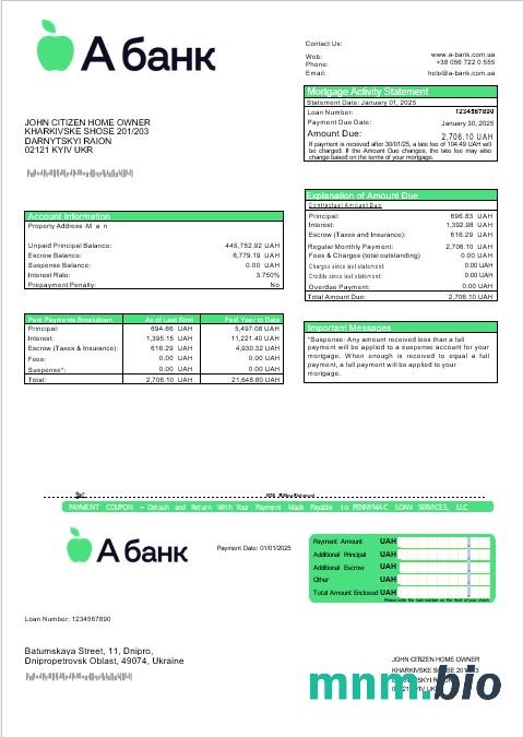 Ukraina A-Bank wyciąg z kredytu hipotecznego w formatach Word i PDF
